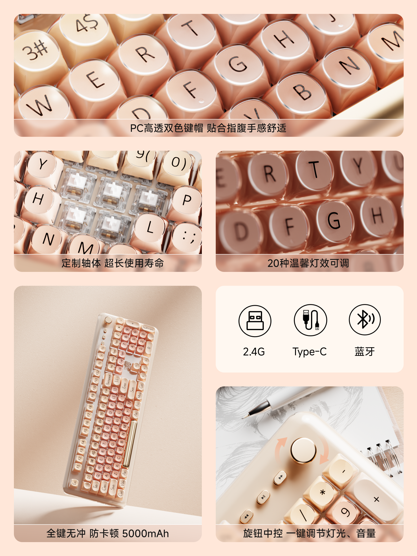 Forerunner M104 Liquid Foundation Wireless Keyboard and Mouse Set Bluetooth Three-Mode High-Value Design for Girls Office Use Mahjong Sound