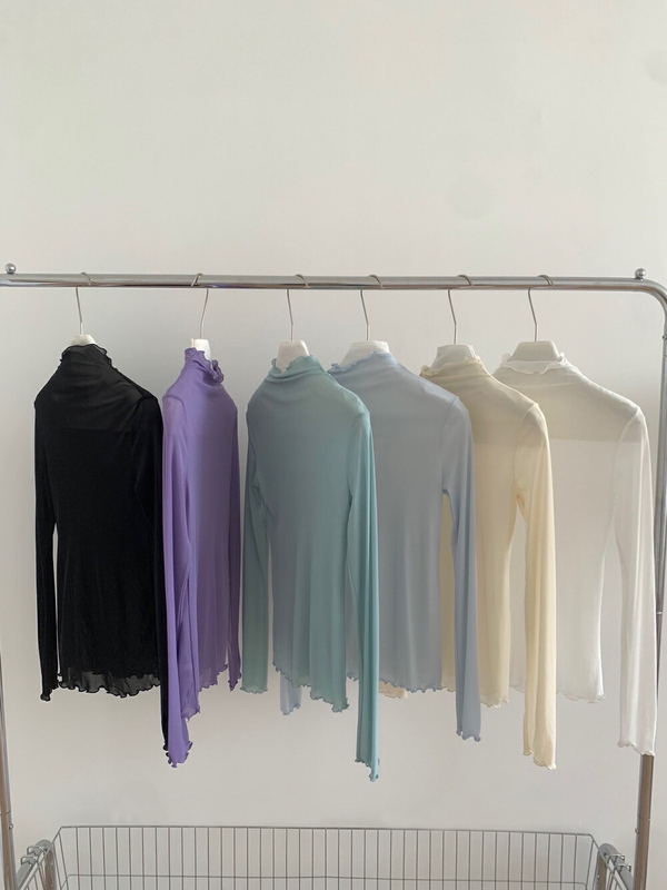 High-Neck Thin See-Through Mesh Long-Sleeve Base Shirt Top That Can Be Layered and Matched with Other Outfits
