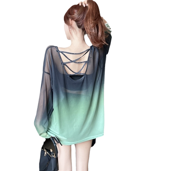Sfumato gradient color long-sleeved t-shirt for women summer thin mid-length design mesh sun protection blouse loose top