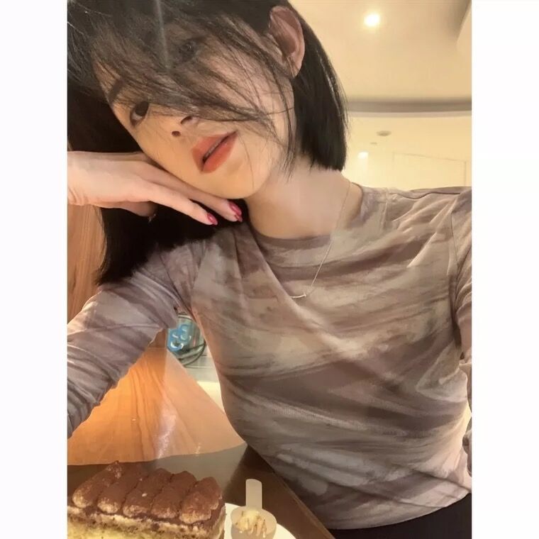 Unique and Chic Blouse 2023 Popular Top Korean Style Tie-Dye Slim Fit Thin Long-Sleeve T-Shirt Women's Summer Wear