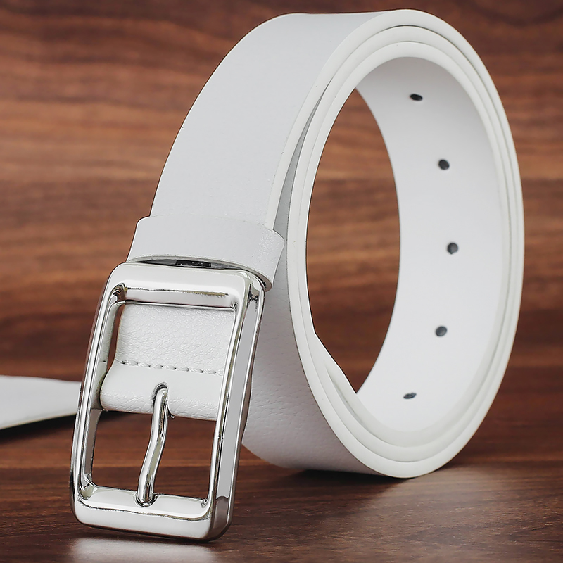 White Leather Belt for Men and Women, Genuine Leather Casual Belt with Pin Buckle, Suitable for Young People, Business, Perforated Jeans, Versatile for Young Adults