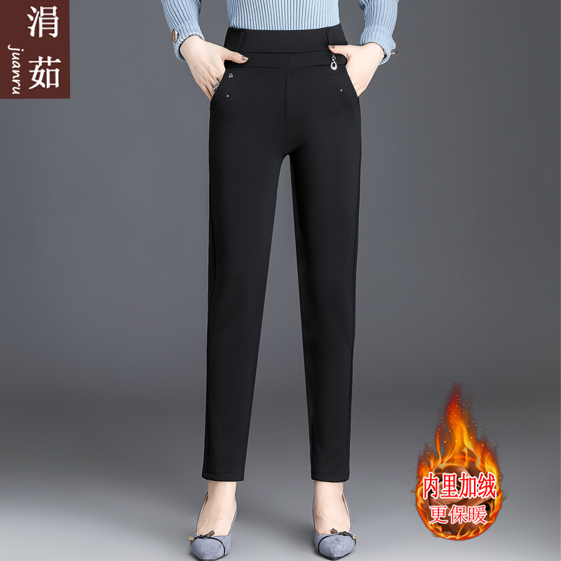 Middle-aged women's pants in autumn and winter plus velvet padded middle-aged and elderly elastic high waist elastic pants mother warm pants wear outside
