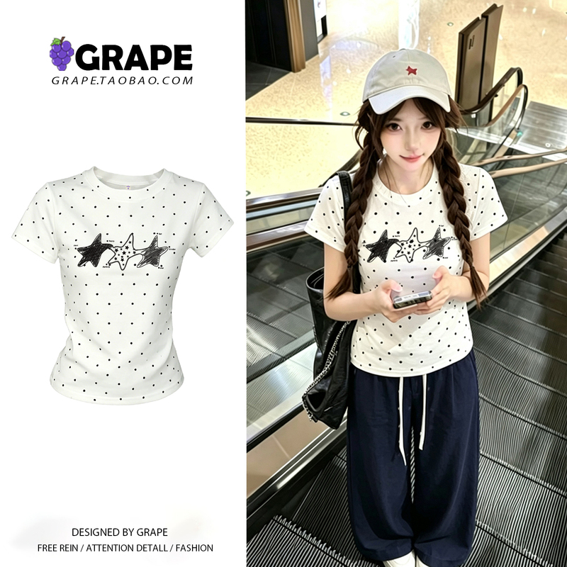 American-Style Spicy Girl White Polka Dot Short-Sleeve T-Shirt for Women, Summer New Slim-Fit Versatile Top for Petite Figures