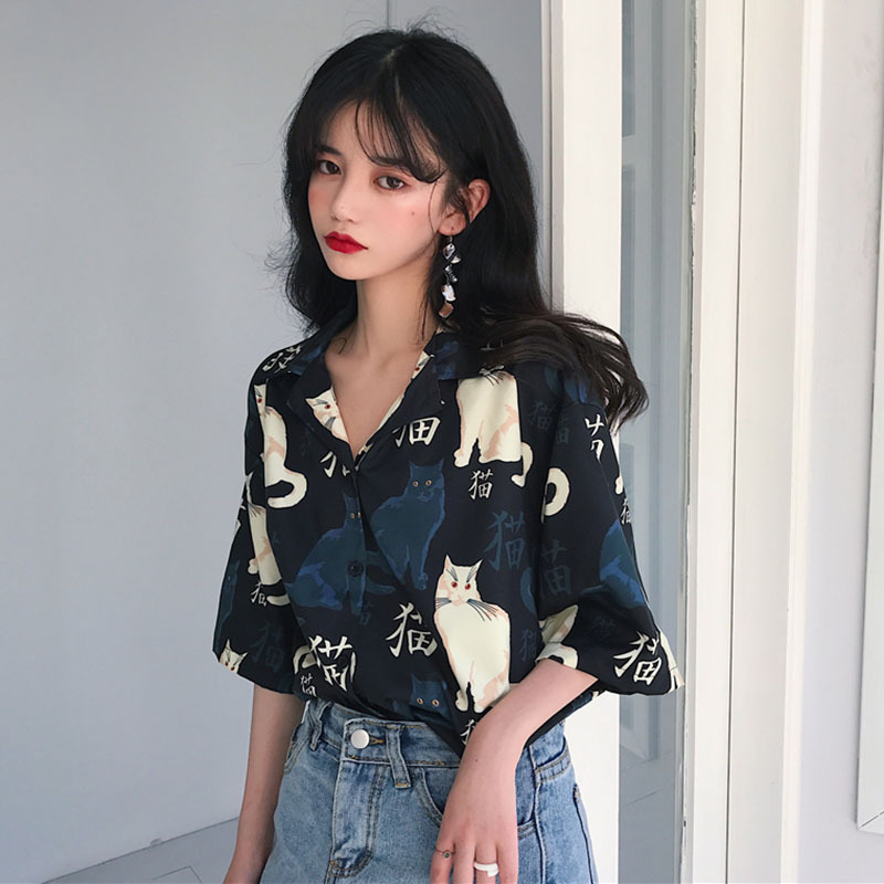 2025 New Summer Style Retro Hong Kong Style Printed Cat Top Student Style Strange Girl Loose Short-Sleeved Shirt