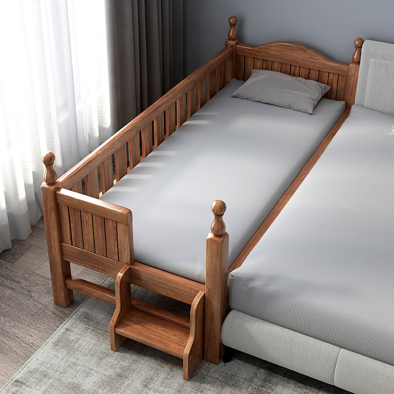 Zhen Meida Solid Wood Children's Bed Little Boy Baby Multifunction Bedside Widening Splicing Large Bed Walnuts Crib