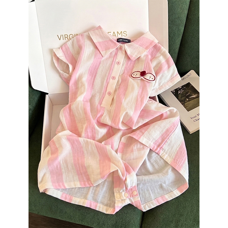 Cute and Stylish Pink Cool Cat Striped Short-Sleeved Pajamas for Women, New Summer One-Piece Loungewear for Girls Cute and Stylish Pink Cool Cat Striped Short-Sleeved Pajamas for Women, New Summer One-Piece Loungewear for Girls