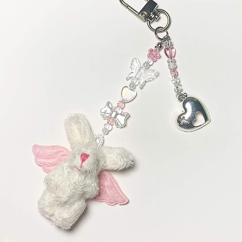 (Handmade in 15 days) Original beaded acrylic lanyard pink rabbit mobile phone chain girl heart pendant niche