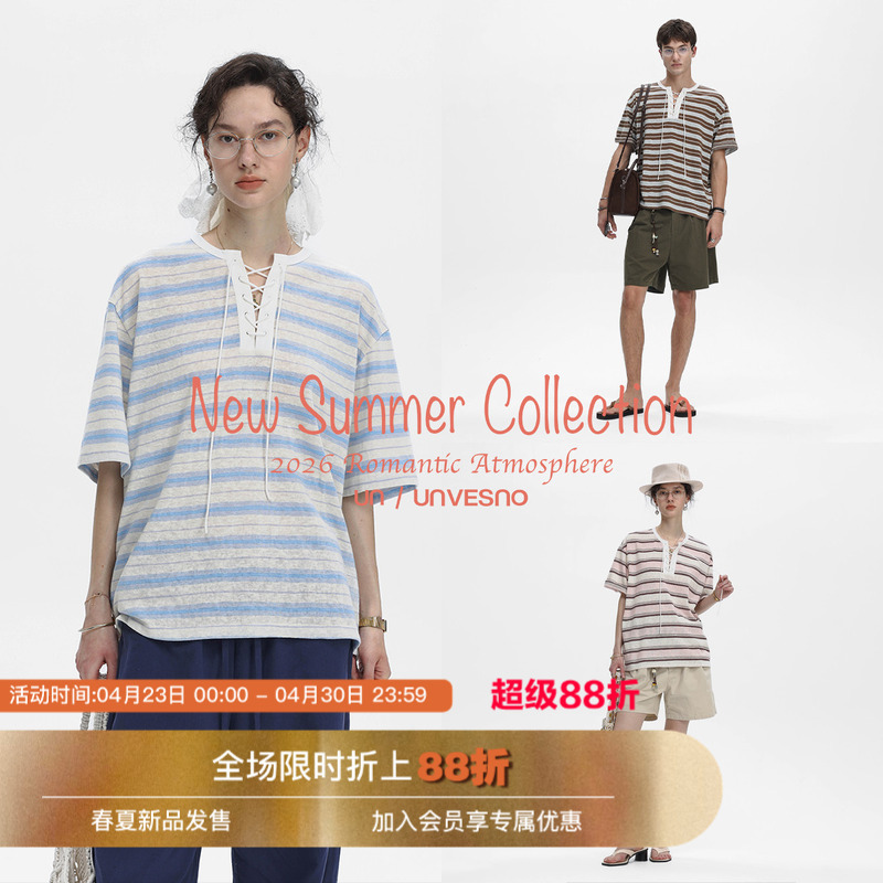 Unvesno(Un)Urban Resort Urban Vacation Casual Lazy Style Striped Tie Henry Collar T-Shirt