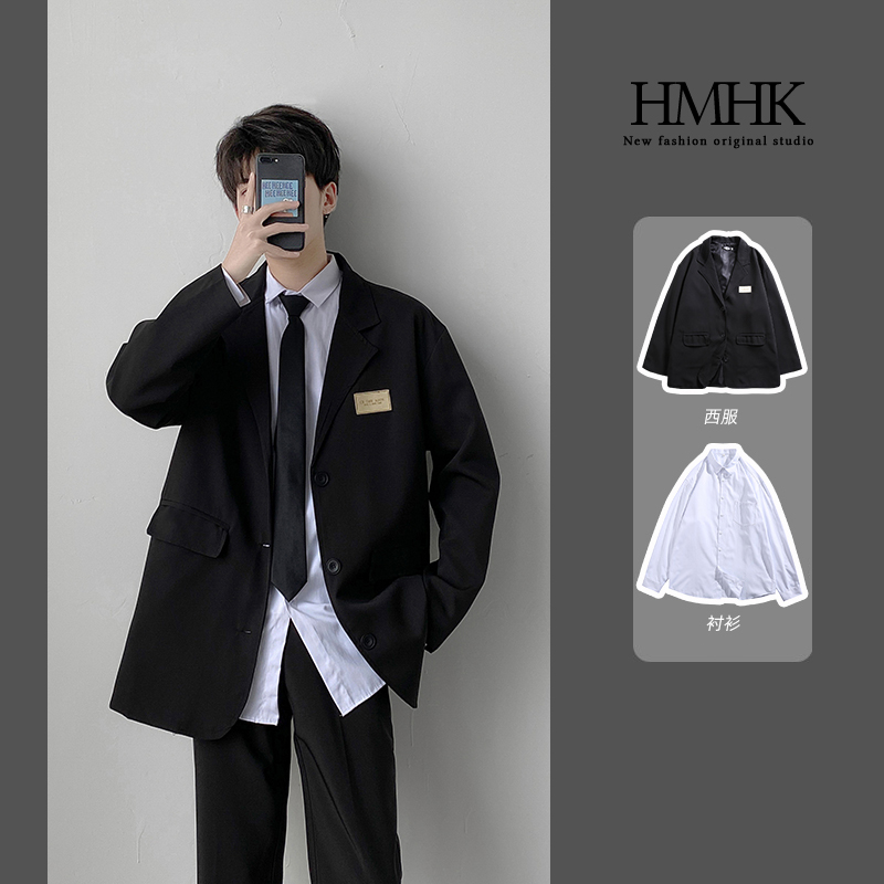 Black Suit + White Shirtsuit suit men's wear handsome trend student Korean version easy leisure time Ruffian handsome Blazer  loose coat Academic atmosphere lovers