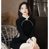 Черное зимнее ципао, легкий зимний короткий лонгслив, увеличенная толщина, светлый стиль