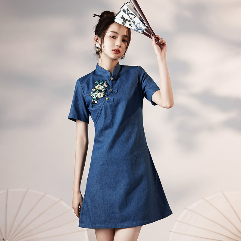 Guochao Qipao Women's Improved Version 2022 New Summer Foreign Dress Young Girl Little Subshort Blue