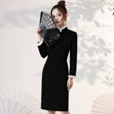 Черное легкое элитное ципао, бархатный утепленный лонгслив, китайский стиль