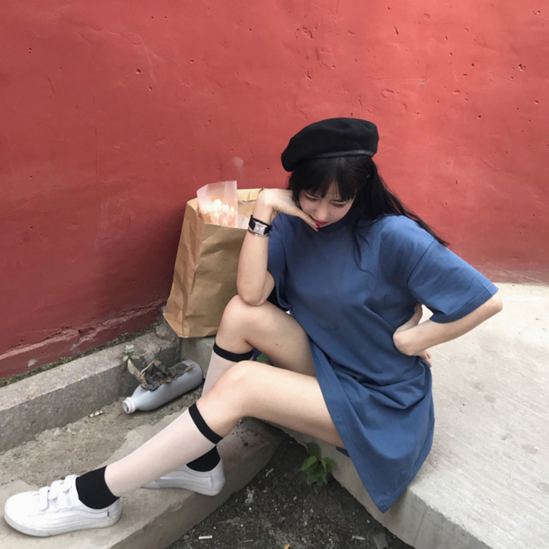 牛油果绿宽松中长款纯色短袖t恤女2025新款ins时尚夏季上衣服洋气