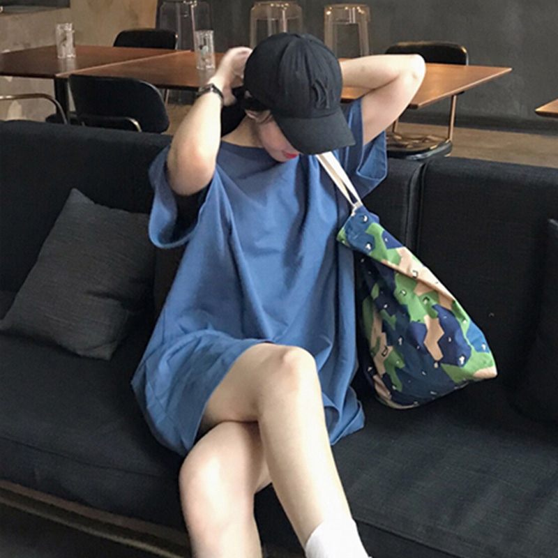 牛油果绿宽松中长款纯色短袖t恤女2025新款ins时尚夏季上衣服洋气