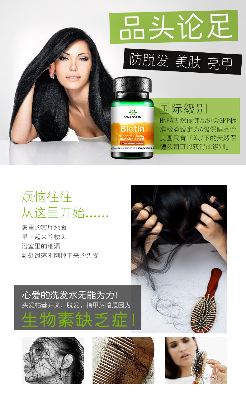 美国进口 斯旺森 Biotin生物素胶囊 100粒*2件  黑发防脱发 图1