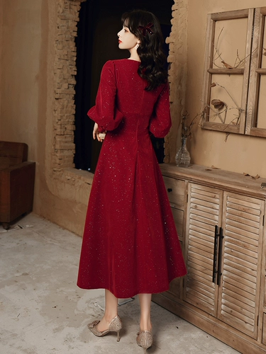 Лонгслив, зимнее бордовое бархатное вечернее платье, изысканный стиль, подходит для подростков