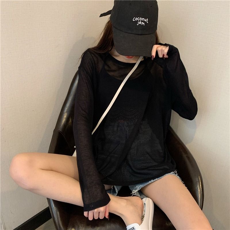 Ice lụa knitsweater mùa hè của phụ nữ Hàn Quốc phiên bản loose-fitting bên ngoài mặc áo mỏng ins ròng đỏ dài tay sunprotection đầu