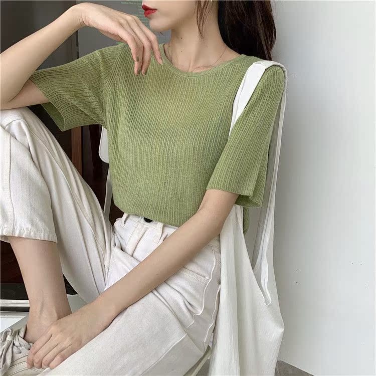 Mùa hè Hàn Quốc phiên bản ngắn tay dệt kim nữ loose-fitting bộ mỏng mỏng băng lụa ròng đỏ đầu chic