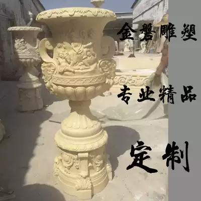 Sandstone flower pot sculpture glass fiber Flower Bowl European garden villa decoration sandstone column pier carving figure carving