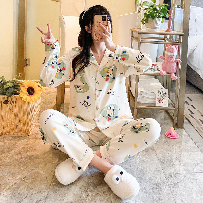Lady Long Sleeve Sleeping Clothes Autumn Winter Cute Cartoon Pure Cotton Full Cotton 2023 Spring New Home Wear Thin Suit-Taobao