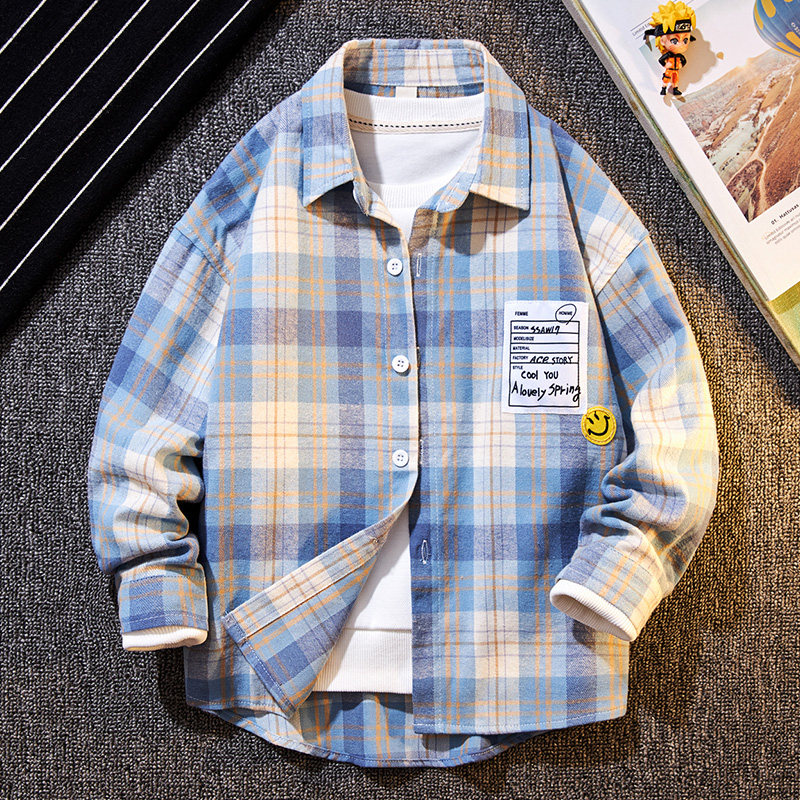 Male Great Boy Shirt Spring Autumn Pure Cotton Boy Plus Suede 2021 New Tide Long Sleeve Plaid Handsome Gas Boy Shirt Jacket