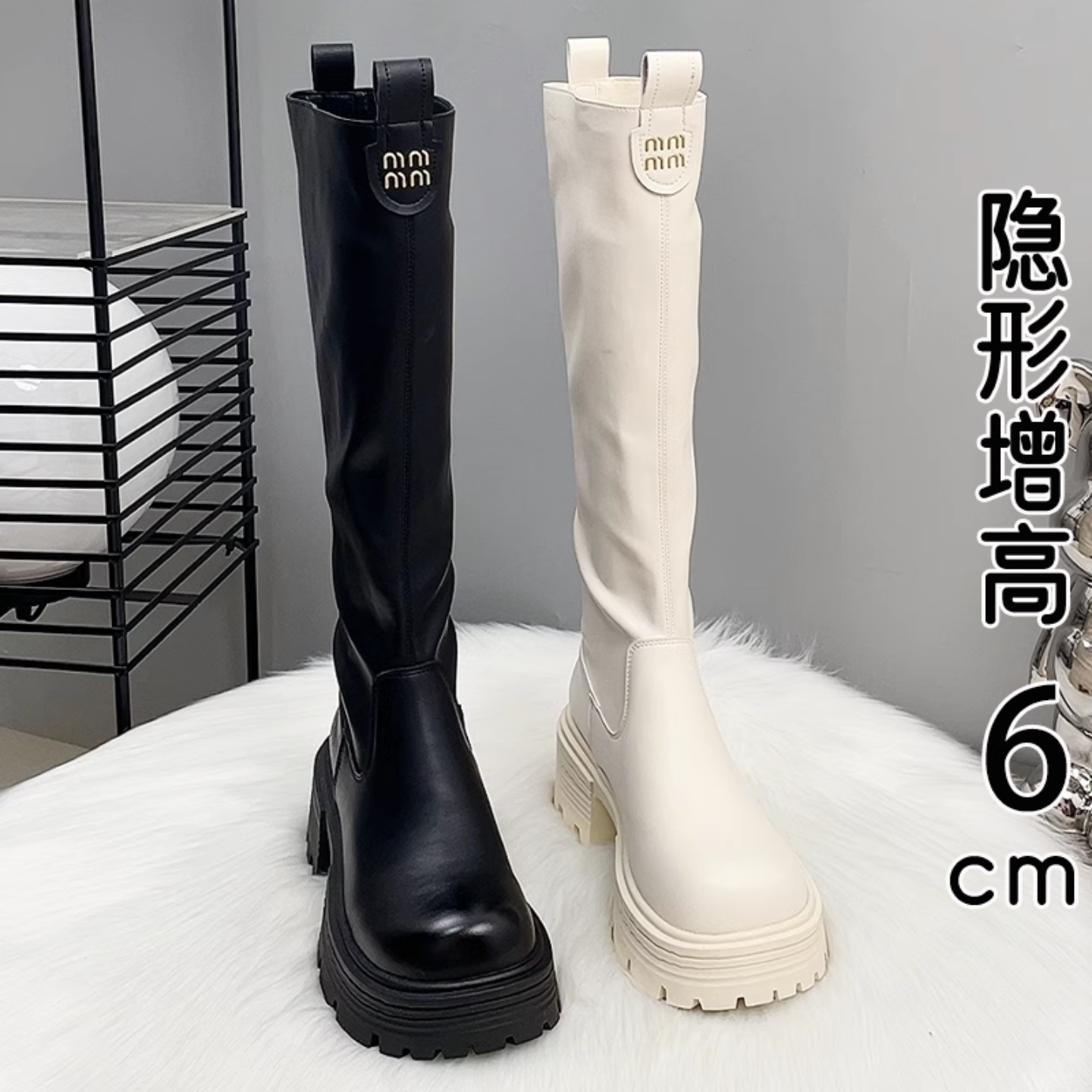 レディース本革厚底ホワイトニーハイブーツ、2025年秋冬新作、人気身長アップ乗馬ブーツ、フリース裏地付き、オーバーニーブーツ。