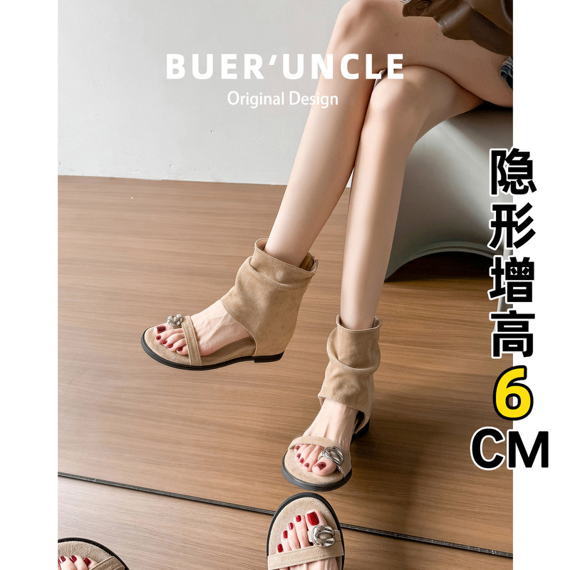 Brand Genuine Leather Thong Sandals for Women, Summer 2026 New Style, Height-Increasing, Comfortable, Retro Open-Toe Roman Sandals