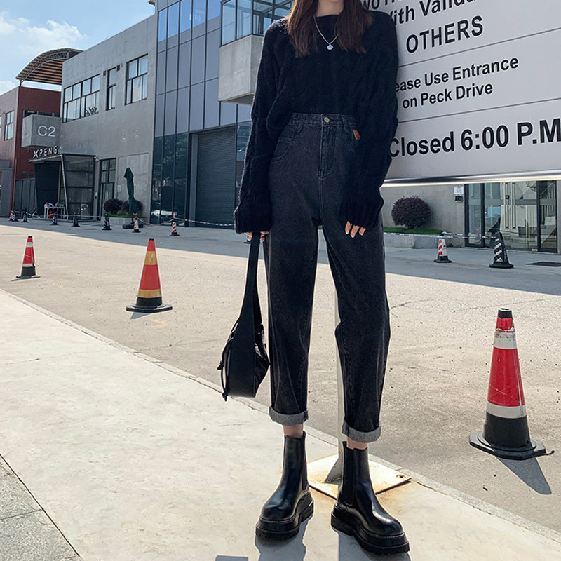 Spring and autumn 2021 new gray black Harlan jeans women's nine-point Rob Torre pants high waist slim curling