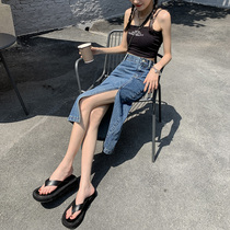 In the summer of 2021 the new slit skirt high waist side split skirt A- shaped hip jeans skirt women's middle length