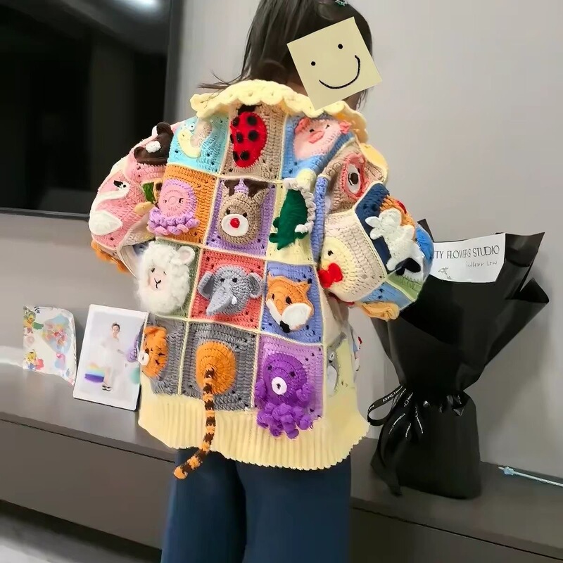 Finished Handmade Crochet Colorful Dopamine Animal Cartoon Granny Square Cardigan Vest Jacket as a Gift for Children
