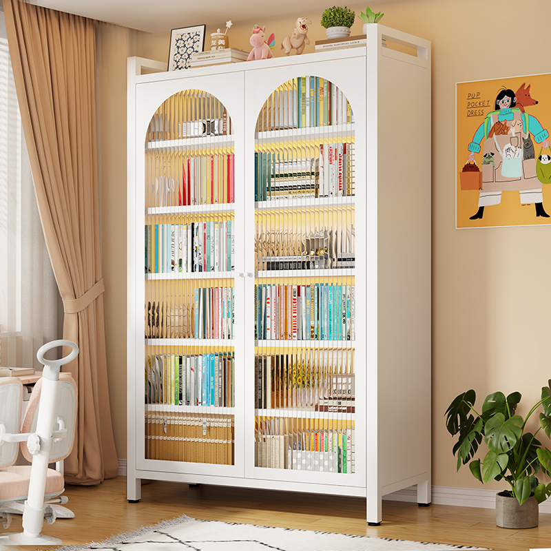 Household Steel Bookshelf Integrated Wall-Mounted Dust-Proof Bookcase Storage Cabinet Living Room Bedroom Floor-Standing Large-Capacity Storage Cabinet