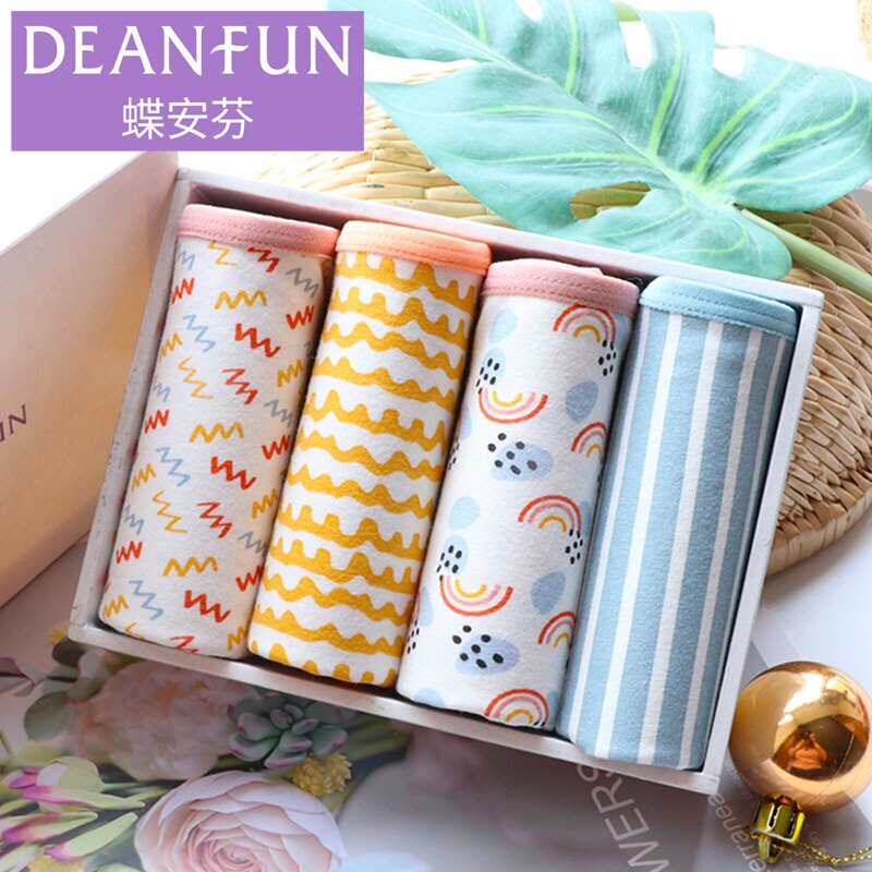Di Anfen 4 gift boxes cute elastic cotton print young student girl mid-waist boxer panties for women