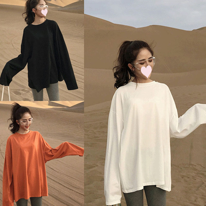 Long-sleeved T-shirt women's spring and autumn white bottoming shirt Korean style lazy style loose all-match solid color mid-length top