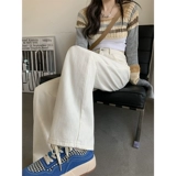 Бежевые флисовые прямые свободные джинсы, штаны, высокая талия, свободный крой