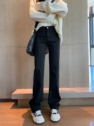 Черные флисовые демисезонные прямые свободные джинсы, штаны, приталенные длинные леггинсы, высокая талия