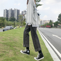  Smoky gray high-waisted jeans womens straight loose autumn 2021 new all-match thin spring and autumn wide-legged pants