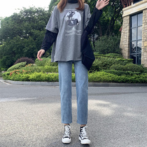 Retro jeans womens spring and autumn chic Hong Kong flavor straight tube high waist thin 2021 new trend ins loose pipe pants