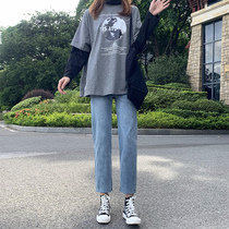  Retro jeans womens spring and autumn chic Hong Kong flavor straight tube high waist thin 2021 new trend ins loose pipe pants