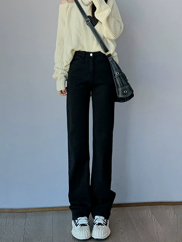 Черные флисовые демисезонные прямые свободные джинсы, штаны, приталенные длинные леггинсы, высокая талия