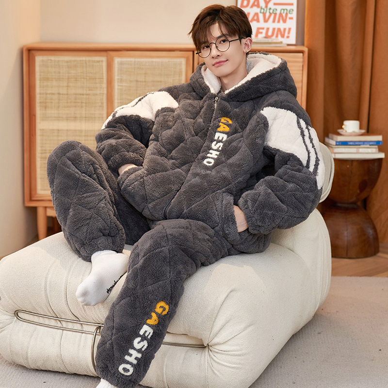 Men's Pajamas Winter Coral Fleece Three-Layer Quilted Thickened Fleece Men's Youth 2026 New Home Wear