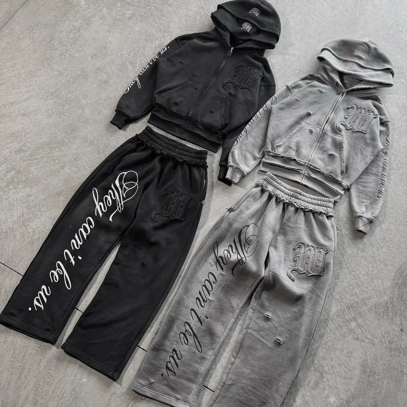 Cross-Border Foreign Trade European and American Trendy Brand Printed Hooded Sweatshirt Set Street Hip-Hop Sports Jacket + Pants Two-Piece Set