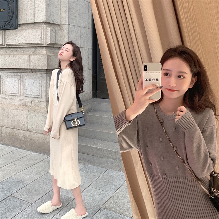 2022 Autumn Winter New Knit Inside a long version of the long sleeve temperament A long version of a knee sweater dress