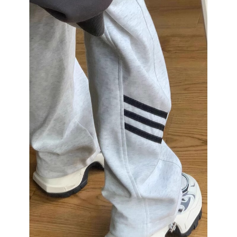 Clearance Sale: Pure Cotton White and Gray Striped Sweatpants for Women, Fleece-Lined, Loose-Fitting, American-Style Wide-Leg Athletic Pants, Thin Casual Pants