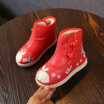 Girls embroidered shoes 2020 new autumn and winter models plus velvet boots Hanfu single boots childrens shoes boots womens shoes