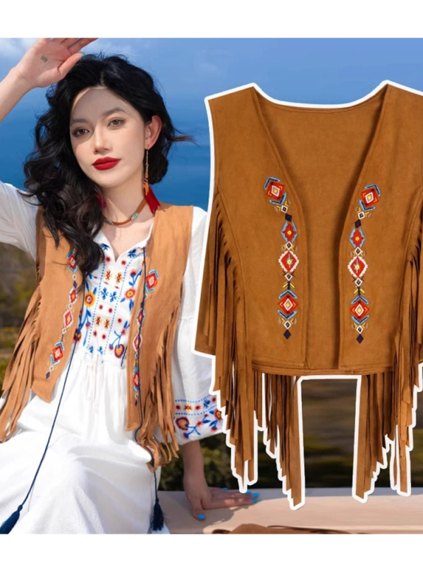 Bohemian Ethnic Style Suede Vest for Women Summer 2024 New Large Size Tassel Retro Vest Short Top