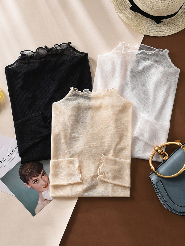 White Half-High Collar Lace Base Shirt for Women, Stylish Sheer Overlay, High-End Autumn and Winter Mid-Neck Mesh Top