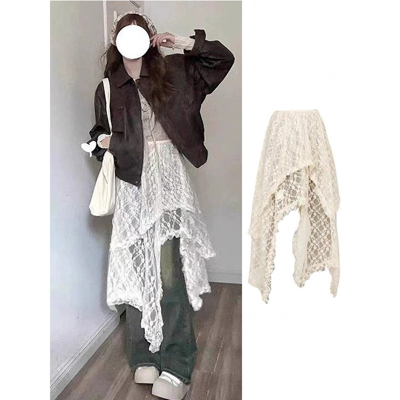 辣妹蕾丝叠穿半身裙女春季不规则半裙设计感百搭网纱围裙中长裙子