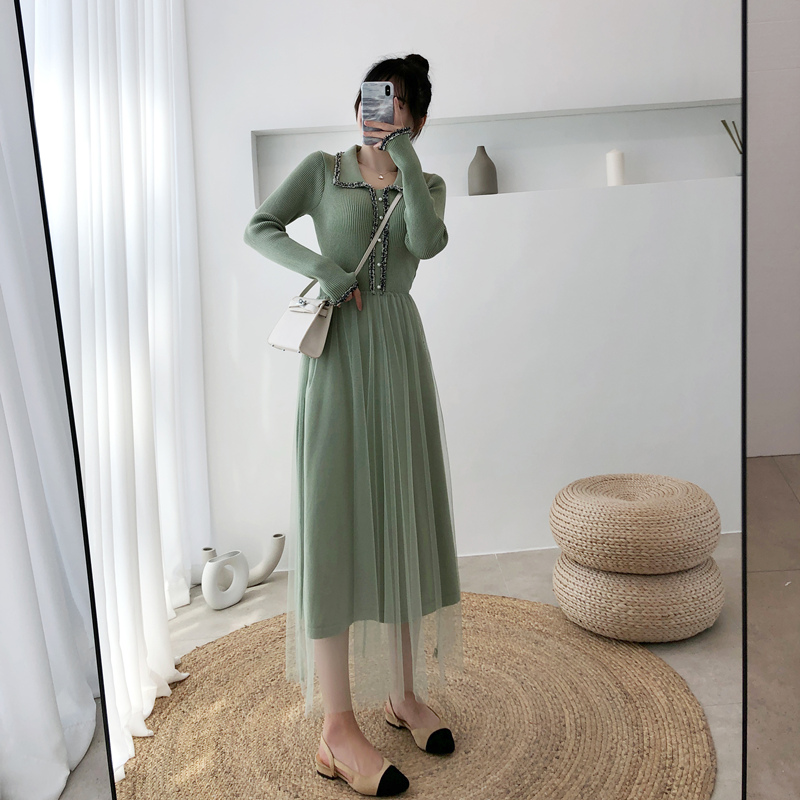 Breastfeeding sweater breastfeeding fashion winter stitching mesh knitted dress bottoming shirt breastfeeding clothes women's autumn and winter clothes