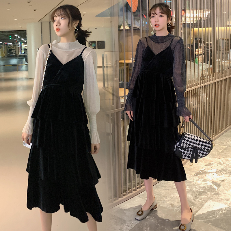 Maternity Autumn Fashion Fashion Hepburn Maternity Dress Western Pie Velvet Cake Skirt Autumn and Winter Two-piece Suit Women