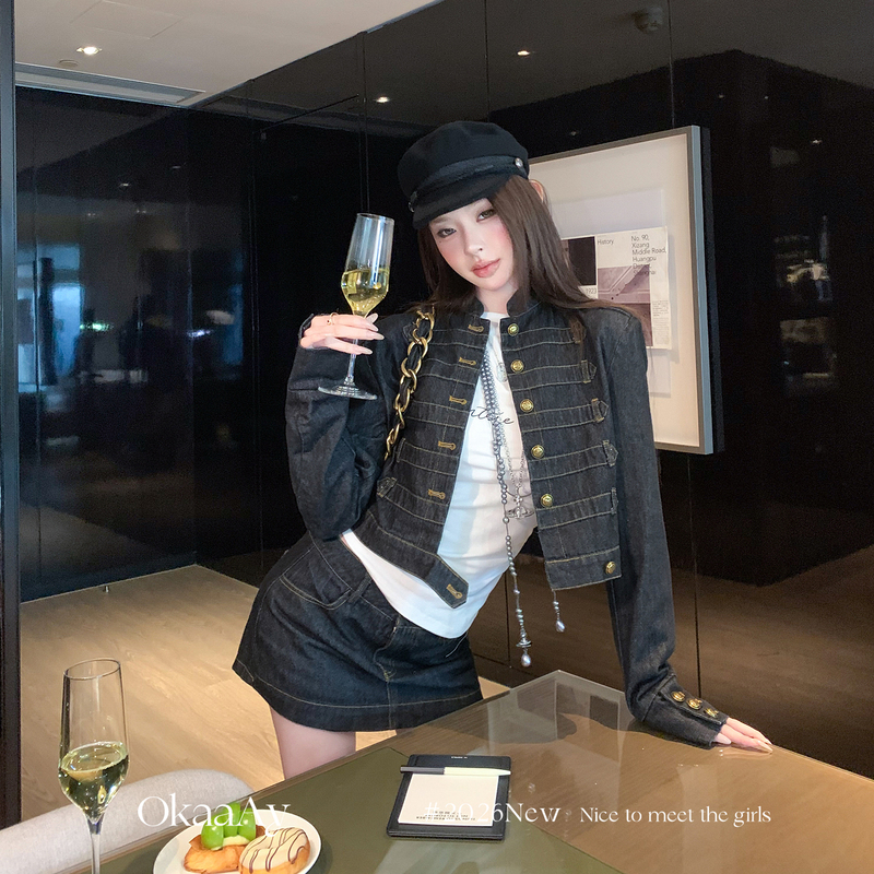 Okaaay "Medieval Aesthetics" Napoleon Short Denim Jacket for Women Early Autumn Casual Two-Piece Skirt Set Okaaay "Medieval Aesthetics" Napoleon Short Denim Jacket for Women Early Autumn Casual Two-Piece Skirt Set